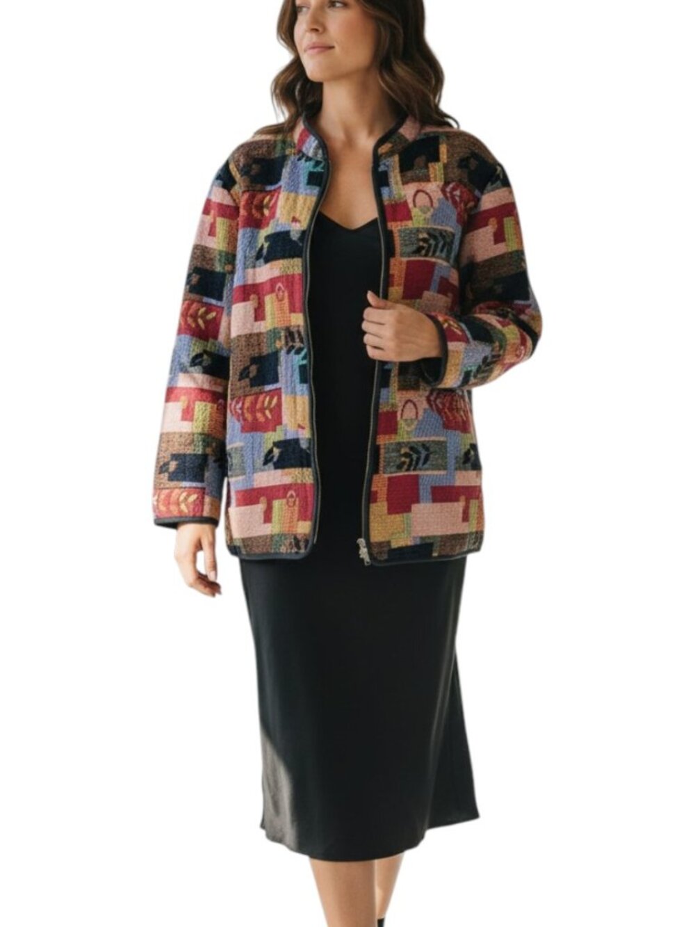 Vintage Womens Tapestry Jacket Plus Size 24W Mixed Print Embroidered Patchwork